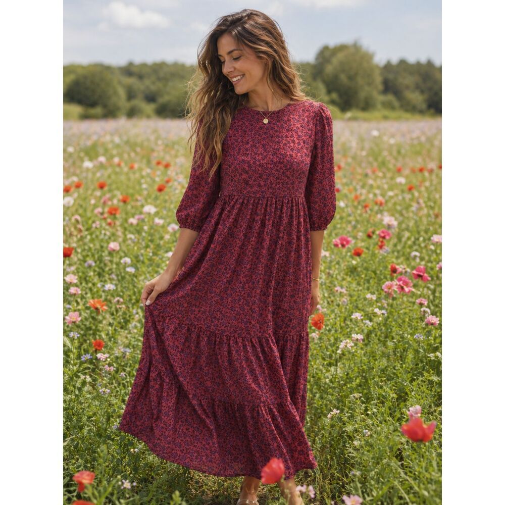 ZARA Red Black Dainty Floral 1/4 Sleeves Tiered Maxi Dress Womens Size Small S